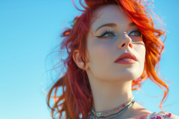 A beautiful woman with red hair against a blue sky.