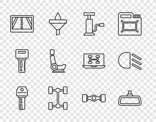 Set line Car key with remote, mirror, air pump, Chassis car, Gps device map, seat, and High beam icon. Vector