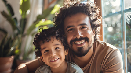 Portrait of cheerful hispanic father and son with curly black hair at home