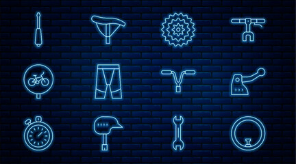 Set line Bicycle wheel, brake, cassette, Cycling shorts, Screwdriver, handlebar and seat icon. Vector