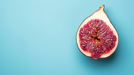 A halved fig on a blue background. The fig is ripe and juicy, with a deep purple color. The seeds are visible in the center of the fruit.