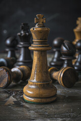 Single Wooden Chess King Standing Defiantly Among Fallen Pieces