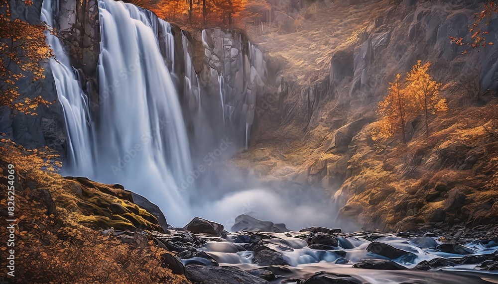 Poster an enchanting autumn waterfall cascades powerfully among colorful trees and rocks, creating a serene