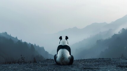 Back view of a lonely panda sitting with foggy mountains