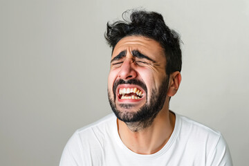 Obraz premium Young Hispanic Man with Beard Showing Strong Emotion and Looking Up in White Shirt