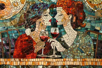 Colorful mosaic depicting a romantic moment between a couple as they enjoy a glass of wine