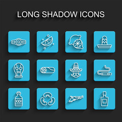 Set line Tequila bottle, Beans, Wrestling championship belt, Vintage pistols, Burrito, Cigar and Mexican man sombrero icon. Vector