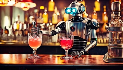 A modern robot with blue glowing eyes serves colorful cocktails at a stylish bar, showcasing a blend of technology and leisure.. AI Generation