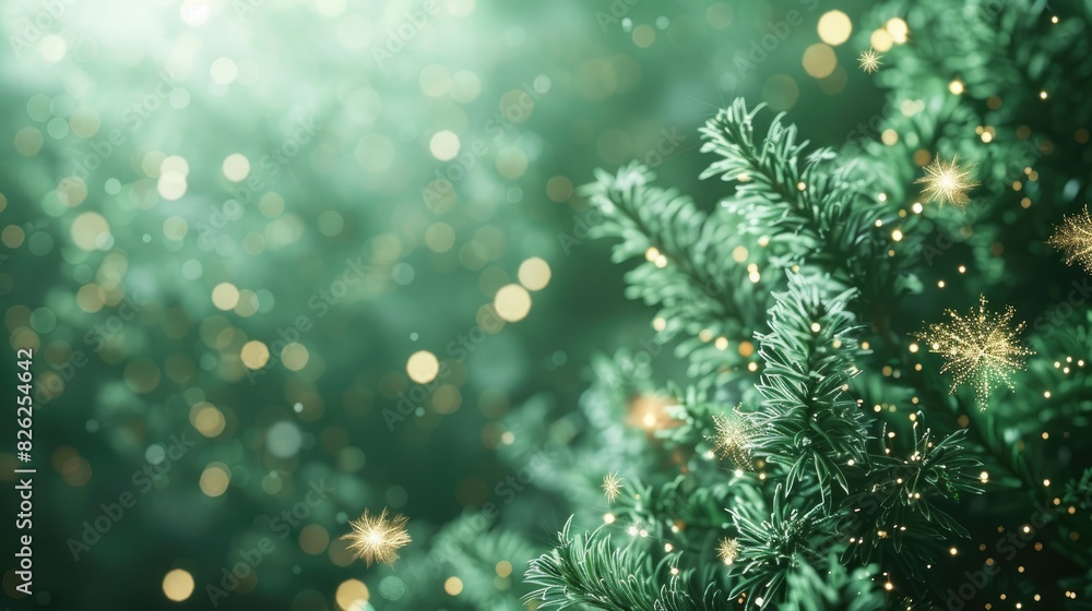 Poster a christmas tree with lights and sparkles on it. the tree is surrounded by a blurry background