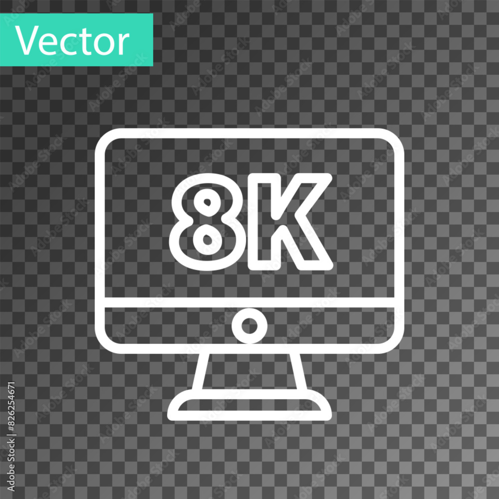 Poster white line computer pc monitor display with 8k video technology icon isolated on transparent backgro