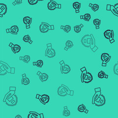 Black line Farm house in hand icon isolated seamless pattern on green background. Vector