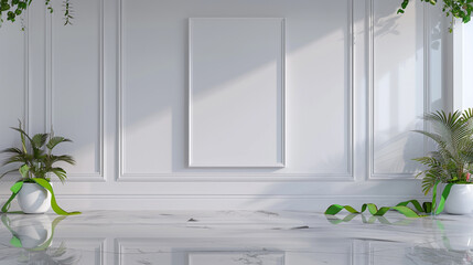 Modern empty space with a blank picture frame, green ribbons, white walls, and a shiny marble floor. Mockup in ultra high definition, 3D render.