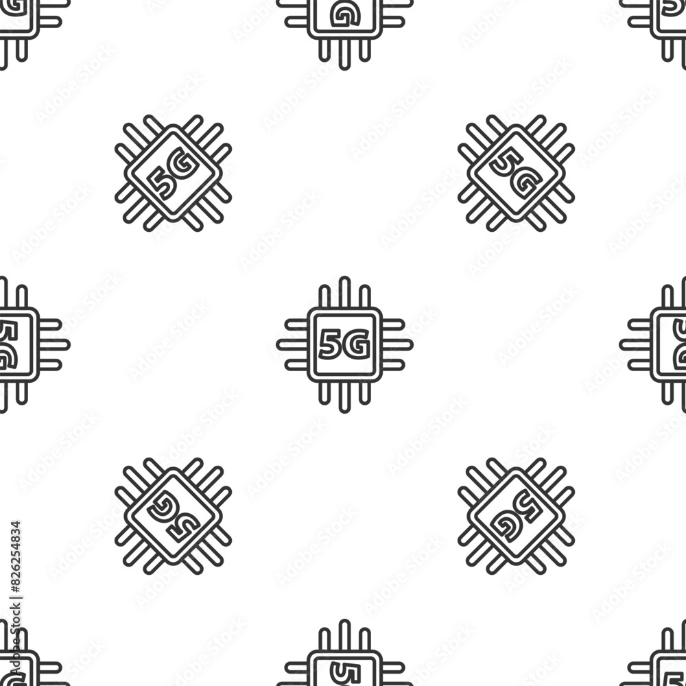 Poster Grey line Computer processor 5G with microcircuits CPU icon isolated seamless pattern on white background. Chip or cpu with circuit board. Micro processor. Vector