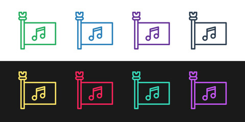 Set line Music festival, access, flag, music note icon isolated on black and white background. Vector