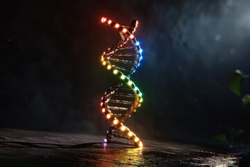 Obraz premium Luminous DNA helix in a mystical night setting, capturing the magical essence of genetic discovery