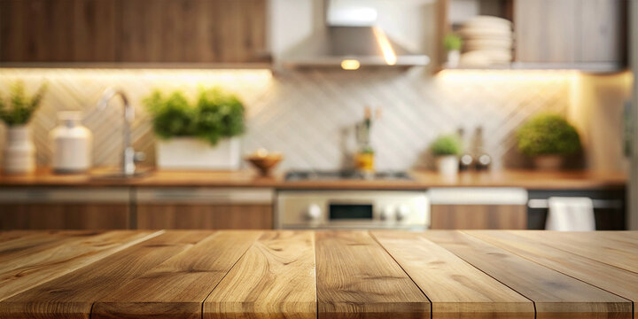 Wood table top on blurred kitchen background. can be used mock up for montage products display or design layout
