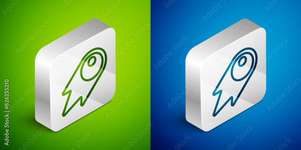 Poster isometric line comet falling down fast icon isolated on green and blue background. silver square but