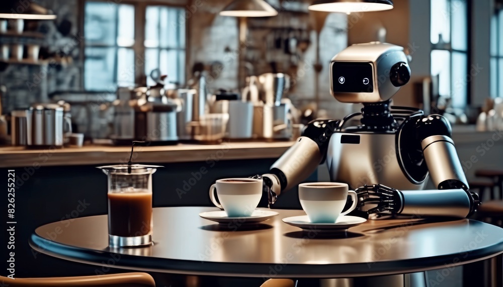 Poster a robot barista, designed with a humanoid form, serves coffee in a modern cafe setting, showcasing i