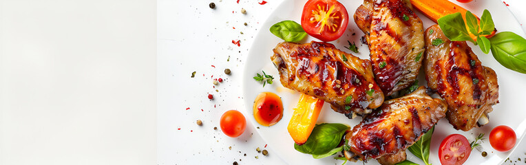 A plate of delicious roasted chicken with herbs and tomato culinary art on isolated white background