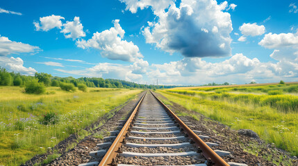 Fototapeta premium Summer Landscape with Empty Railway Tracks