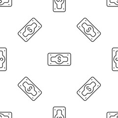 Grey line Stacks paper money cash icon isolated seamless pattern on white background. Money banknotes stacks. Bill currency. Vector
