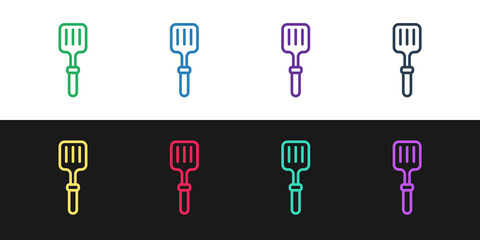 Set line Barbecue spatula icon isolated on black and white background. Kitchen spatula icon. BBQ spatula sign. Barbecue and grill tool. Vector