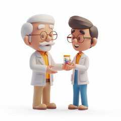 32 - Show a 3D pharmacist explaining medication to a patient, with a friendly expression, on a white background.