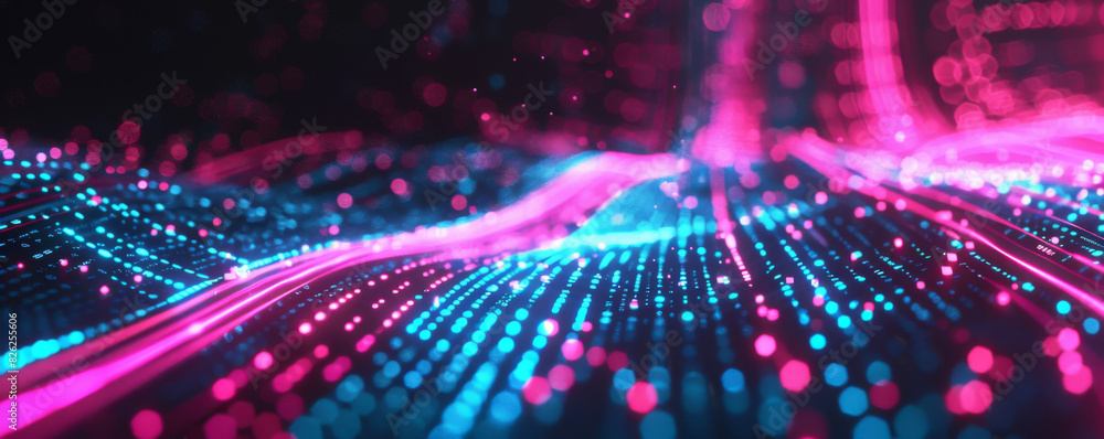 Poster 3d rendering of pink and blue neon light lines on a black background with a blurred abstract digital