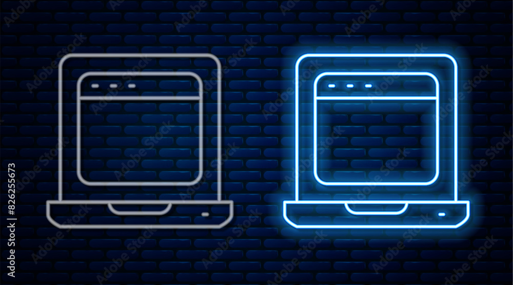 Poster glowing neon line laptop with browser window icon isolated on brick wall background. computer notebo