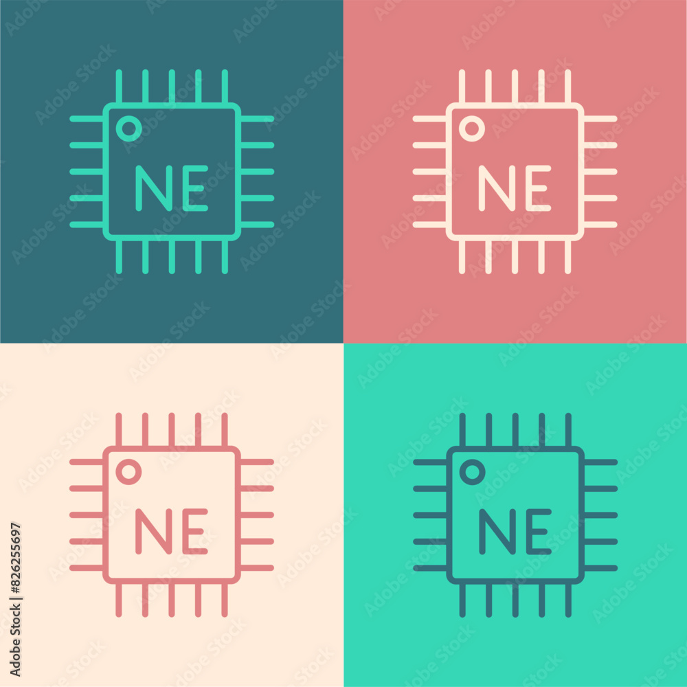 Poster Pop art line Computer processor with microcircuits CPU icon isolated on color background. Chip or cpu with circuit board. Micro processor. Vector