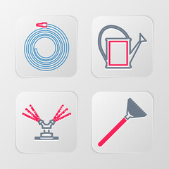 Set line Garden rake for leaves, Automatic irrigation sprinklers, Watering can and hose fire hose icon. Vector