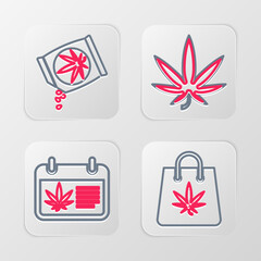 Set line Shopping bag of marijuana, Calendar and, Marijuana or cannabis leaf and seeds icon. Vector