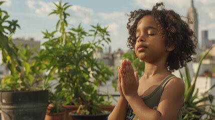 Serene Urban Gardening: Child Meditating Among Rooftop Plants