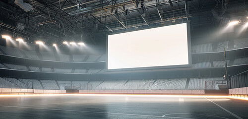 Realistic 3D render of a sports arena with a large blank billboard for sponsor ads, enhanced by a light border.