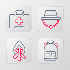 Set line Hiking backpack, Campfire, Camping hat and First aid kit icon. Vector