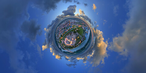 city of worms germany and rhine river pfigstmarkt folk festival 2024 evening earial little planet