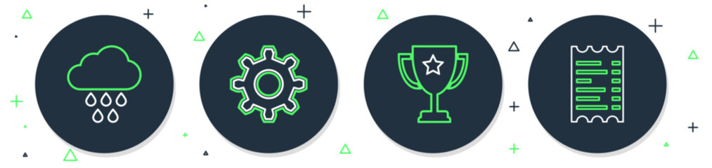 Set line Cogwheel gear settings, Trophy cup, Cloud with rain and Paper or financial check icon. Vector
