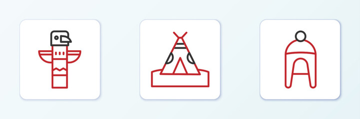 Set line Winter hat, Canadian totem pole and Indian teepee or wigwam icon. Vector © vector_v