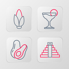 Set line Chichen Itza in Mayan, Avocado fruit, Margarita cocktail and Corn icon. Vector