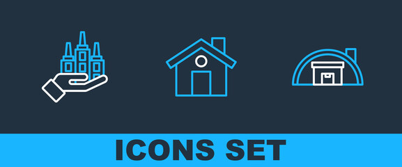 Set line Warehouse, Skyscraper and House icon. Vector