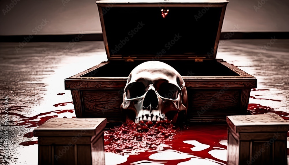 Poster a striking image of a skull overflowing with blood inside an open coffin, set against a minimalist b