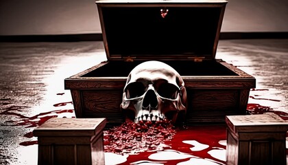 A striking image of a skull overflowing with blood inside an open coffin, set against a minimalist background.. AI Generation