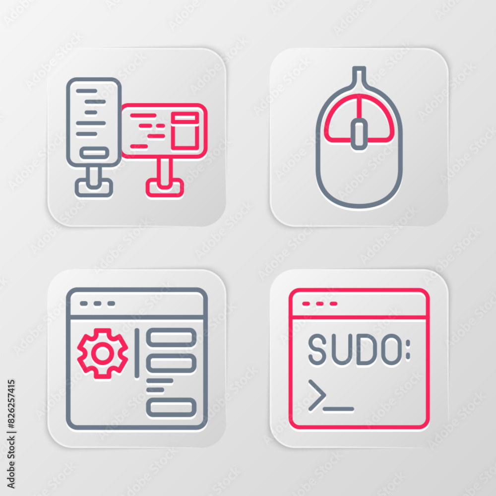 Poster set line code terminal, browser setting, computer mouse and monitor screen icon. vector