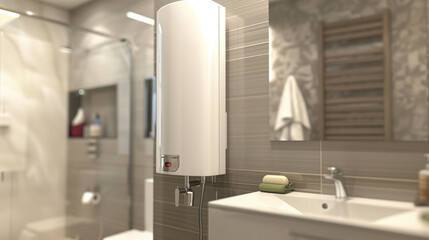 Modern Bathroom: Closeup Water Heater with Mirror and Washbasin Sink