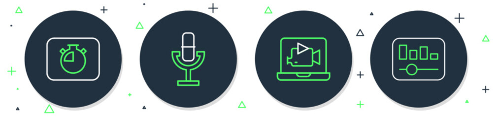 Set line Microphone, Online play video, Stopwatch and Music equalizer icon. Vector