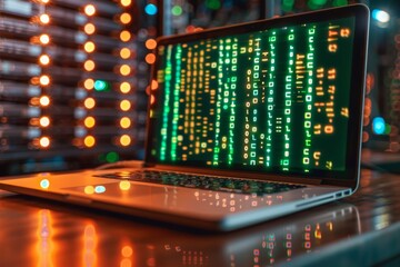 Holographic DNA model on laptop in a festive setting, merging holiday cheer with genetic exploration