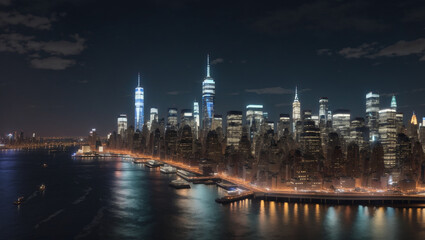 A night view of a city skyline with many skyscrapers, showing lights reflecting off a river in the foreground.