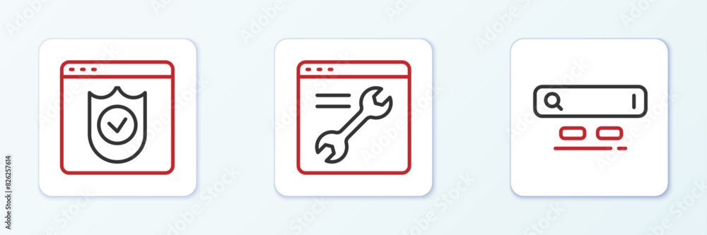 Poster set line search engine, browser with shield and setting icon. vector