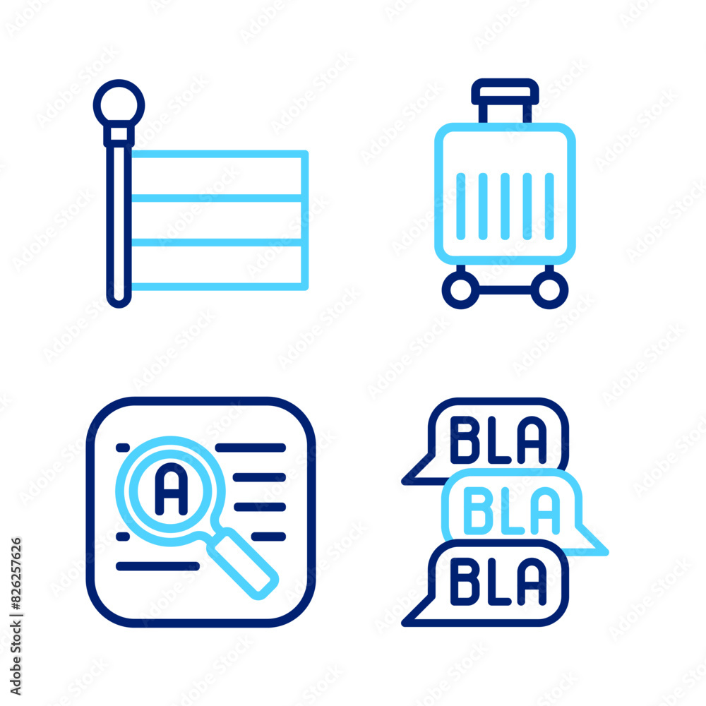 Poster set line speech bubble chat, translator, suitcase and flag icon. vector