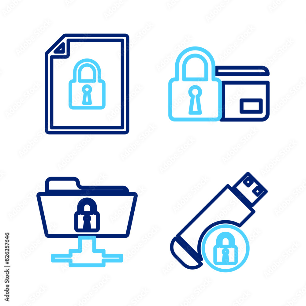 Poster set line usb flash drive with lock, ftp folder and, credit card and document icon. vector